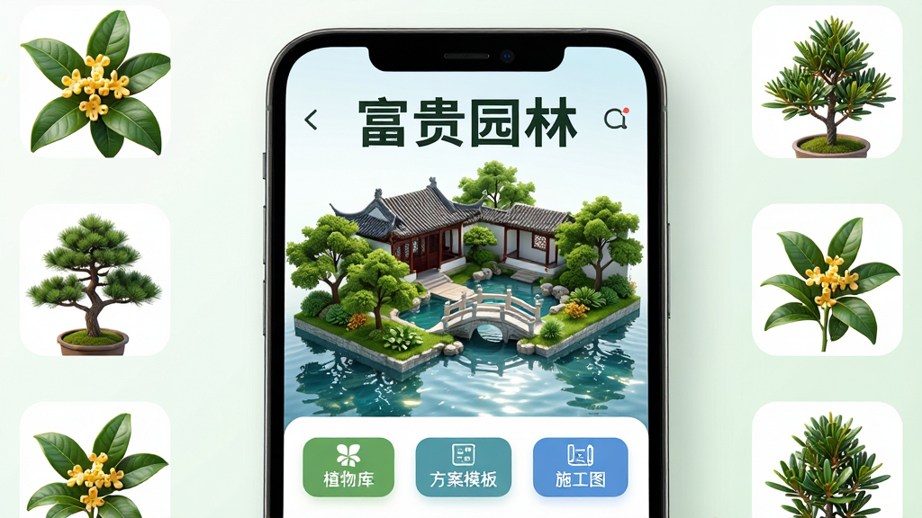 主体:手机屏幕展示富贵园林软件界面,屏幕中呈现一个精美的中式庭院3D模型,绿树成荫,小桥流水。布局:手机位于画面中央偏下,四周环绕着桂花、罗汉松等植物素材图标。排版:界面清晰显示“富贵园林”四个大字标题,下方有“植物库”、“方案模板”、“施工图”三个功能按钮。风格:现代科技感与自然园林风结合,色彩明亮清新。细节:植物叶片纹理清晰,水面有波光反射,软件界面图标精致。画质:8k超高清晰度,干净,无多余元素。