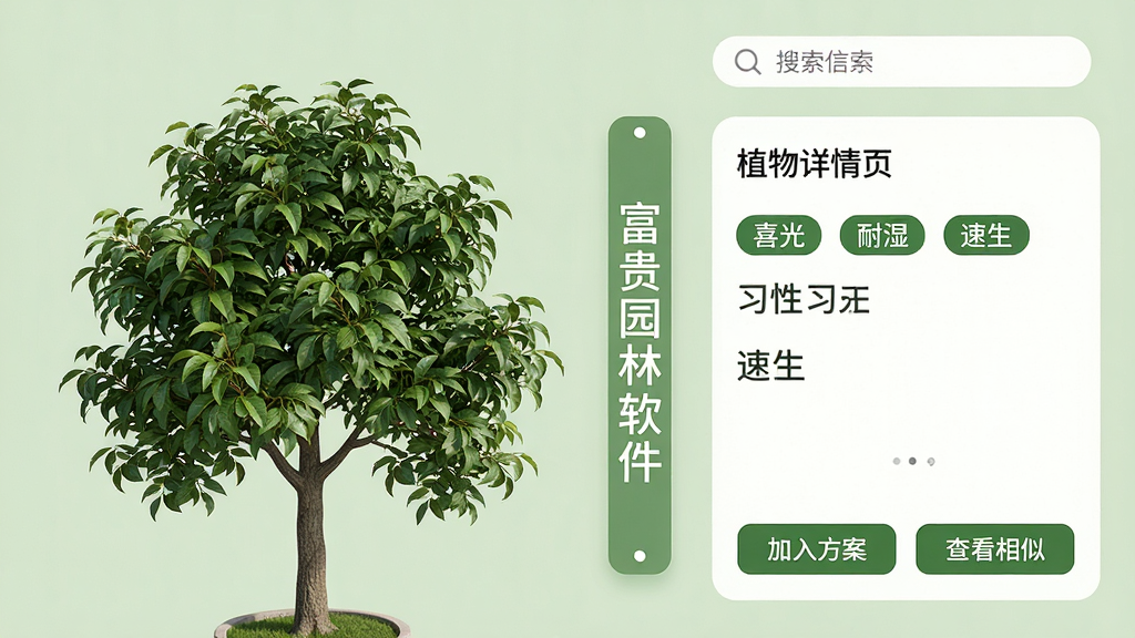 主体:富贵园林软件中的植物详情页,展示一棵大型香樟树的3D模型,旁边有滚动文字介绍其习性。布局:画面左侧为植物3D模型,右侧为信息面板,显示“喜光”、“耐湿”、“速生”等标签。排版:上方有搜索栏,下方有“加入方案”和“查看相似”按钮。风格:简洁商务风,浅绿色背景。细节:香樟树叶片逼真,信息面板字体清晰。画质:高清渲染,干净,无多余元素。
