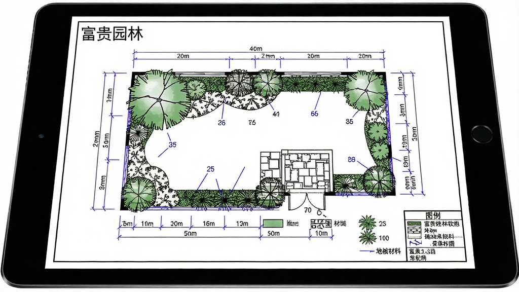 主体:一张由富贵园林软件自动生成的园林施工图纸,展示在平板电脑屏幕上。布局:平板横放,图纸上清晰标注了尺寸线、植物编号和铺装材料说明。排版:图纸左上角有“富贵园林”水印,右下角有图例说明。风格:工程制图风格,线条清晰,黑白为主配蓝色标注。细节:图纸包含乔木、灌木、地被层图例,尺寸标注精确到毫米。画质:高精度扫描质感,干净,无多余元素。