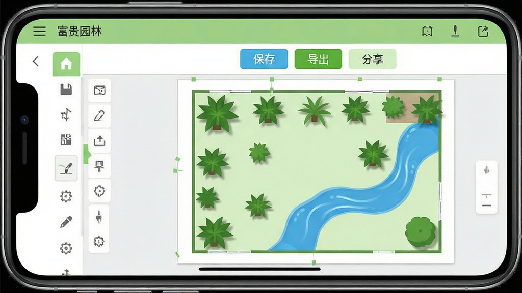 主体:手机横屏显示富贵园林软件的操作界面,左侧为工具栏,右侧为一块正在编辑的园林平面图,图纸上有数个绿色植物图标和一条蓝色水系。布局:界面被清晰分为上下两个部分,上方是菜单栏,下方是绘图区。排版:绘图区上方有“保存”、“导出”、“分享”三个高亮按钮。风格:扁平化设计,配色清爽,以浅绿色和白色为主。细节:植物图标带有微小阴影,水系线条带有流动动画效果。画质:界面截图级清晰度,干净,无多余元素。