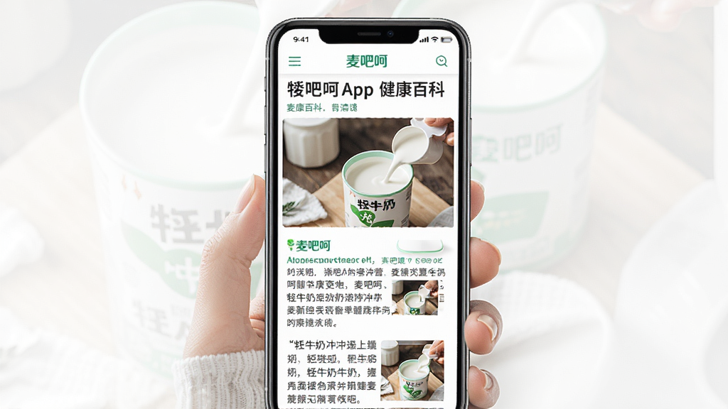 主体:麦吧呵App的健康百科文章页面,布局:手机竖屏,顶部为文章标题和配图,下方为文字内容,排版:图文穿插,有“麦吧呵”品牌标识,风格:清新阅读风,细节:配图为牦牛奶粉冲调场景,画质:高清,干净,无多余元素