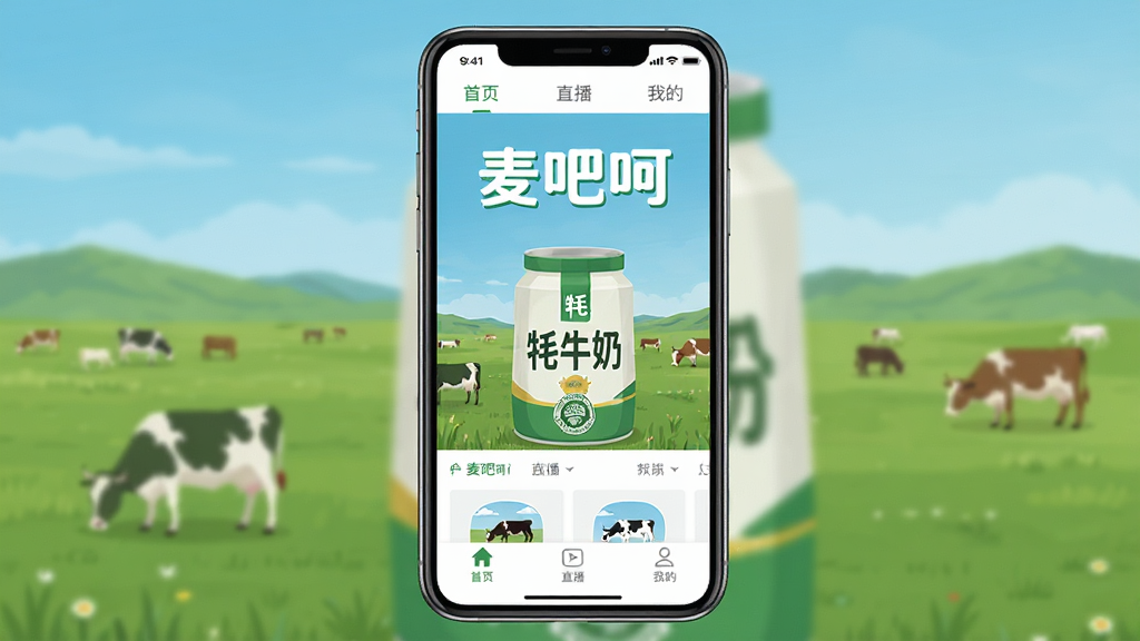 主体:麦吧呵App的手机界面展示,屏幕中显示草原牧场背景和产品列表,布局:手机居中,屏幕朝前,界面清晰可见,排版:界面有“首页”、“直播”、“我的”等标签栏,风格:扁平化设计,色彩明亮清新,细节:屏幕中突出“麦吧呵”字样和牦牛奶粉产品图,画质:高清,干净,无多余元素