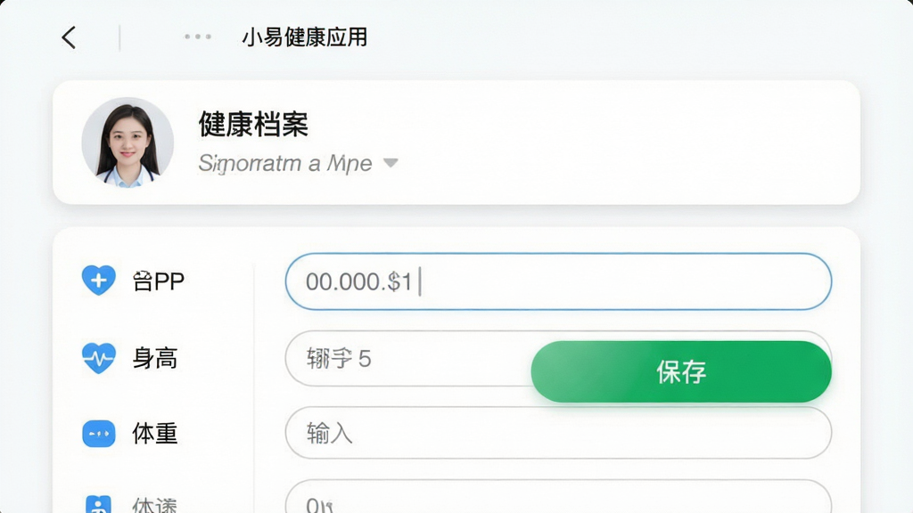 主体:小易健康应用中的“健康档案”功能页面截图,展示身高、体重等输入项。布局:页面采用列表式布局,上方为个人头像与基本信息卡片,下方为详细的指标输入区域。排版:左对齐文字,输入框采用圆角矩形设计,配有“保存”绿色按钮。风格:简洁的医疗级UI风格,背景为白色,卡片阴影柔和。细节:数据项旁有蓝色小图标,界面字体清晰易读。画质:高分辨率,干净,无多余元素。