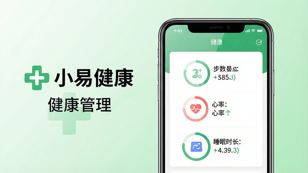 主体:一款名为“小易健康”的手机应用界面展示,手机屏幕清晰显示健康数据看板。布局:手机位于画面中央偏右,左侧留白并配有“小易健康”字样及绿色十字标识,下方有“健康管理”四个字。排版:居中构图,手机屏幕内展示步数、心率、睡眠时长的圆形进度环。风格:现代扁平化设计,以白色和绿色为主色调。细节:屏幕反光自然,界面元素清晰锐利,背景为柔和的渐变浅绿色。画质:8K超高清,干净,无多余元素。