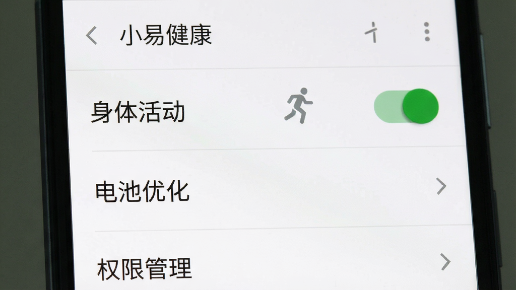主体:一部智能手机屏幕显示“小易健康”的权限设置页面。布局:屏幕中央显示“身体活动”权限开关为开启状态,下方有“电池优化”设置入口。排版:简洁的设置列表样式,右侧有绿色开关按钮。风格:安卓系统设置界面风格,背景为白色。细节:顶部有“小易健康”的应用名,底部有“权限管理”字样。画质:清晰,界面干净,无多余元素。