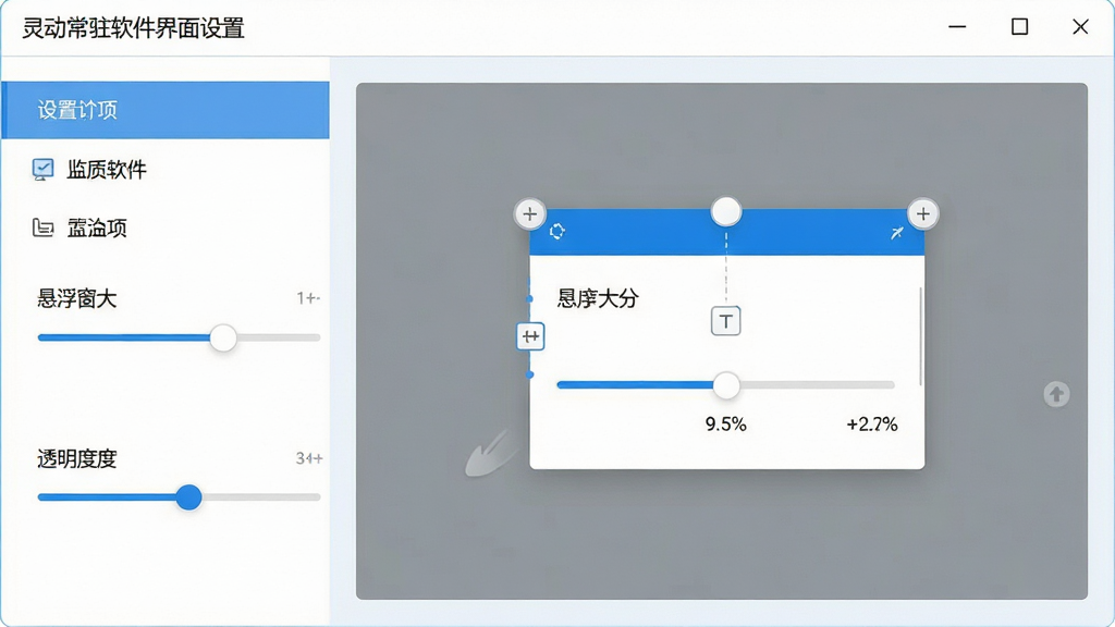 主体:灵动常驻软件界面设置页面,展示悬浮窗大小和透明度调节滑块。布局:左侧为设置选项列表,右侧为实时预览区域。排版:简洁的列表式布局,滑块控件清晰可见。风格:清爽的蓝白配色,扁平化设计。细节:预览区显示一个正在拖动的悬浮窗,带有大小调节手柄,透明度滑块下方有百分比数字。画质:高清,干净,无多余元素。