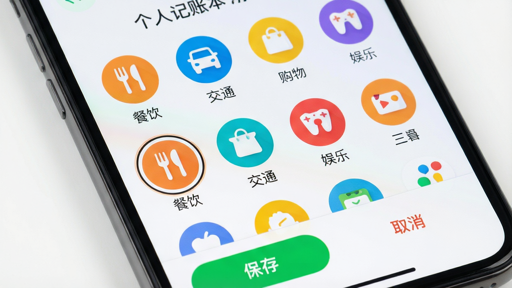 主体:手机屏幕特写显示“个人记账本”的记账分类选择界面,屏幕上排列着彩色圆形的分类图标,如“餐饮”、“交通”、“购物”、“娱乐”等;布局:图标按照网格状均匀分布,每个图标下方配有中文标签,屏幕底部有“保存”和“取消”按钮;排版:图标大小一致,色彩鲜明但不刺眼,文字标签清晰可读;风格:清新活泼的UI风格,符合年轻用户审美;细节:其中一个“餐饮”图标处于选中状态,带有高亮描边效果,整体画面干净整洁;画质:高清,色彩真实,无多余元素。