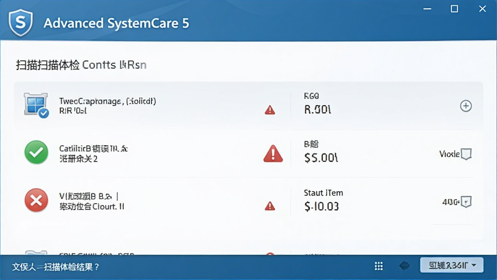 Advanced SystemCare 5界面展示一键体检结果,显示扫描到的垃圾文件数量、注册表错误数量、可优化的启动项,有绿色勾选和红色警告图标,背景为浅色,布局整洁,风格清爽,细节丰富,画质清晰,无多余元素