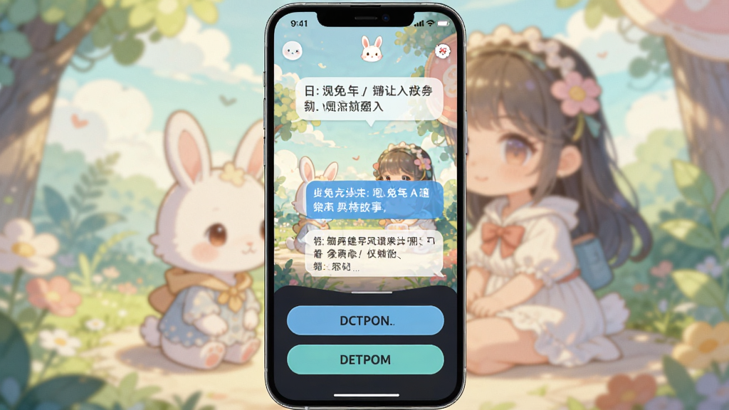 一张竖版手机界面截图,展示兔兔AI的对话式故事界面,背景是温馨的二次元插画,前景有对话气泡和选项按钮,整体风格清新明亮,画质细腻,干净无多余元素