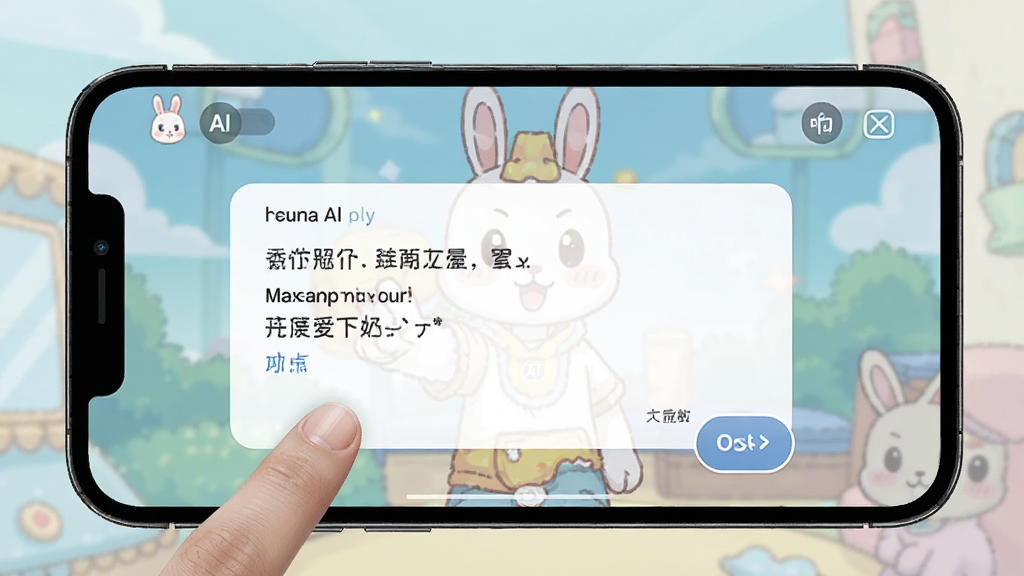 一张手机横屏操作示意,手指点击对话选项按钮,屏幕内显示兔兔AI的剧情对话场景,背景为动漫风格,画面干净,画质高清