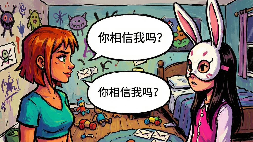 主体:游戏中的对话场景,萨利与一位戴兔耳面具的女孩面对面站立,背景是凌乱的卧室;布局:两人半身像分居画面两侧,中间留白显示对话气泡;排版:对话气泡内文字“你相信我吗?”;风格:手绘漫画风格,色彩浓郁,笔触粗犷;细节:墙上贴满奇怪涂鸦,地面散落玩具和信件;画质:高分辨率,干净,无多余元素