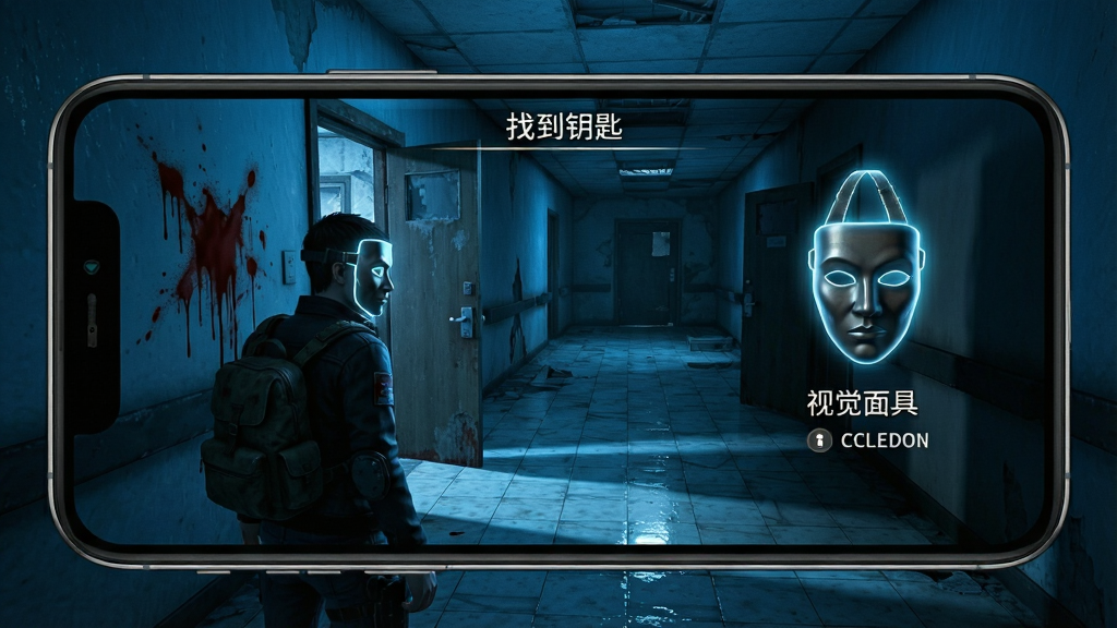主体:手机横屏游戏画面,萨利在废弃医院走廊中使用“视觉面具”查看墙上的血迹痕迹;布局:角色偏左,右侧显示面具图标和提示文字;排版:屏幕上方显示任务目标“找到钥匙”;风格:写实暗黑风格,蓝色调冷光;细节:面具边缘发光,地面瓷砖反射影子,门半开;画质:高帧率,清晰,无多余元素