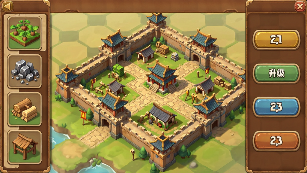 游戏内城建界面预览图,主体为棋盘式布局的古代城池,左侧列出农田、铁矿场、伐木场等建筑图标,右侧为升级按钮,界面采用暖色调UI,布局清晰,画风为卡通写实结合,细节丰富,画质干净,无多余元素。