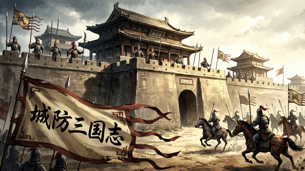 一幅精美的三国风格游戏宣传图,主体为巍峨的古代城防建筑,城墙上站着手持兵器的武将,城外有敌军骑兵冲锋,画面布局宏大,前景有飘扬的“城防三国志”旗帜,整体画风为写实水墨风,色彩浓郁,光影对比强烈,细节丰富,画质高清,干净无多余元素。