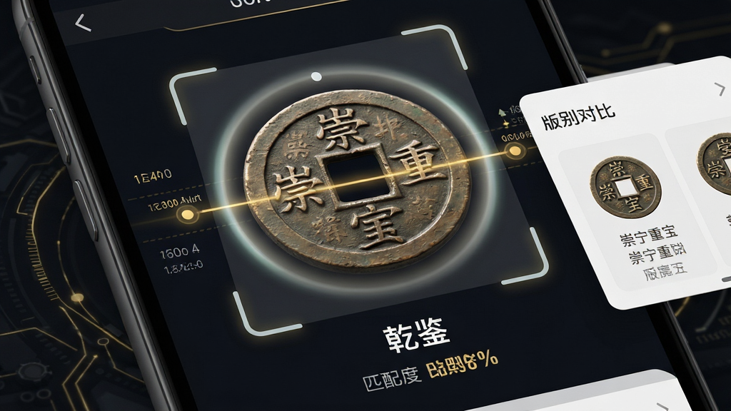 主体:乾鉴APP的智能识别功能界面特写。布局:屏幕居中显示一枚放大的古钱币,周围环绕着扫描光效和识别数据节点。排版:钱币下方显示“乾鉴”字样和匹配度百分比,界面简洁明了。风格:深色科技背景搭配金色数据线条,凸显专业与高级感。细节:钱币上的“崇宁重宝”字样清晰可见,扫描线在币面移动,侧边有版别对比信息滑出。画质:极清渲染,光影效果真实,画面干净无多余元素。