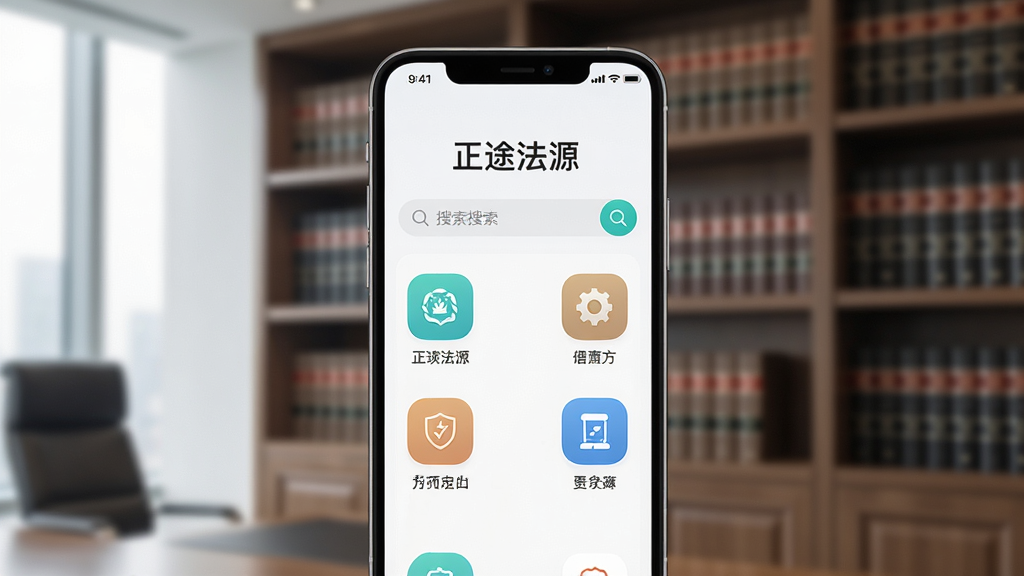 主体为一部打开的智能手机,屏幕内展示“正途法源”应用界面,界面风格简洁明亮,包含搜索栏和几个核心功能图标。布局为手机居中,背景是模糊处理的现代律师事务所书架场景。排版整洁,突出应用界面内容。风格写实且具有科技感,画质高清,光线柔和,细节丰富,整体画面干净无多余元素。