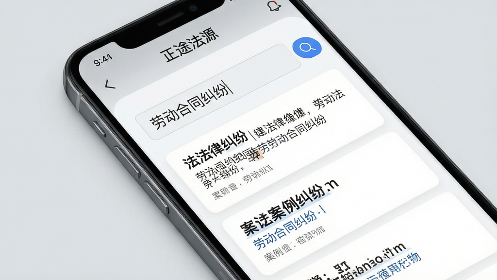 主体为手机特写,屏幕显示“正途法源”法律检索界面,搜索框内有“劳动合同纠纷”字样,下方以卡片形式清晰列出几条法律条文和案例标题。布局为手机斜放,背景为纯色浅灰,突出屏幕内容。排版清晰,信息层级分明。风格简约现代,画质干净,细节锐利,无多余杂物。