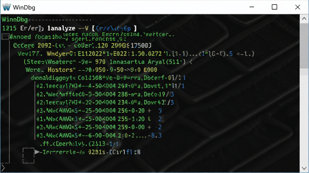 WinDbg 命令行窗口特写,显示 !analyze -v 输出结果,包含错误代码和堆栈信息,背景为黑色终端,文字绿色高亮,界面可读性强,高分辨率,画质干净