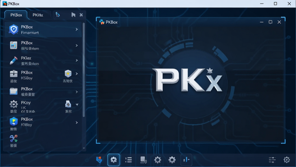 PKBox软件主界面预览图,展示模拟器桌面布局,左侧为应用列表,右侧为运行窗口,底部为功能工具栏,整体采用深蓝色科技感主题,界面清晰,图标整齐排列,画质细腻,干净无多余元素