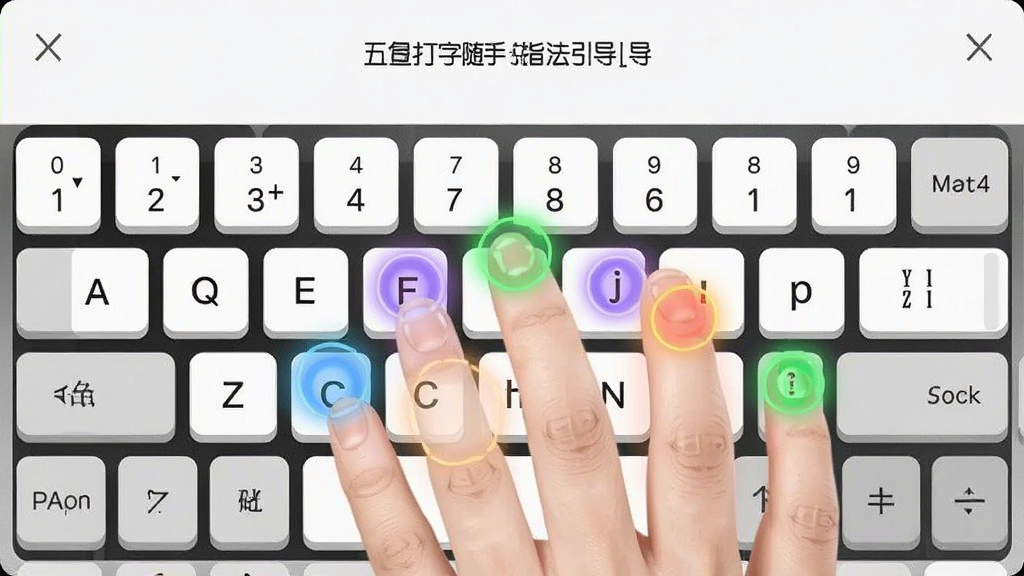 五笔打字随手练指法引导功能截图,虚拟键盘上手指位置用彩色光圈标注,界面清爽,风格简约,细节精致,画质清晰,干净无杂物。