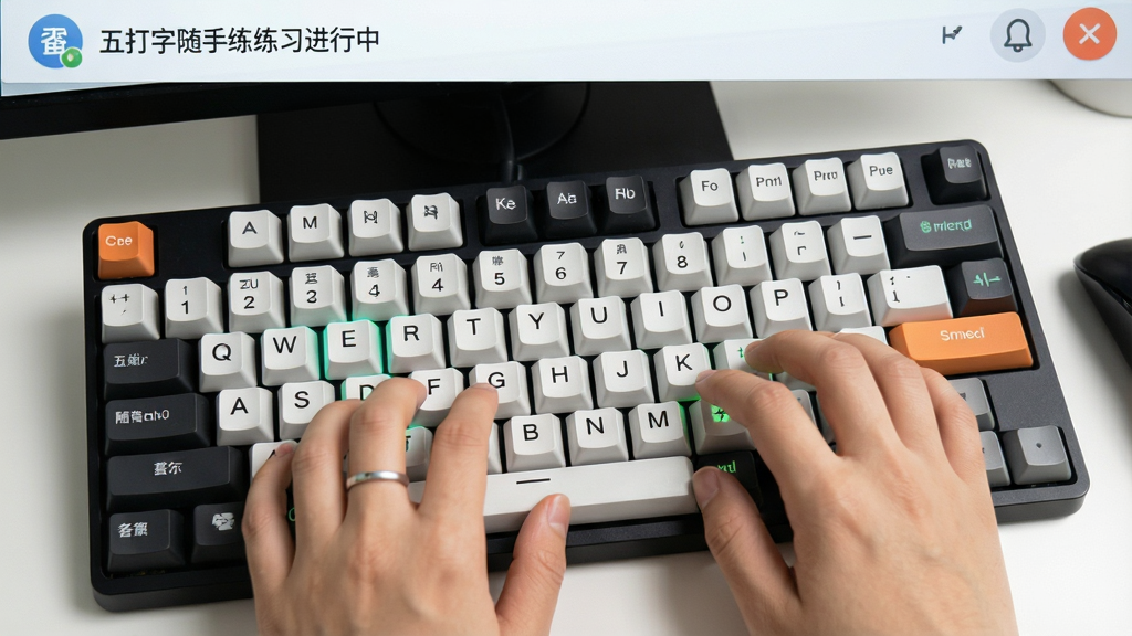 五笔打字随手练练习进行中截图,键盘指法高亮,用户界面友好,风格明亮,细节清晰,画质干净无多余元素。