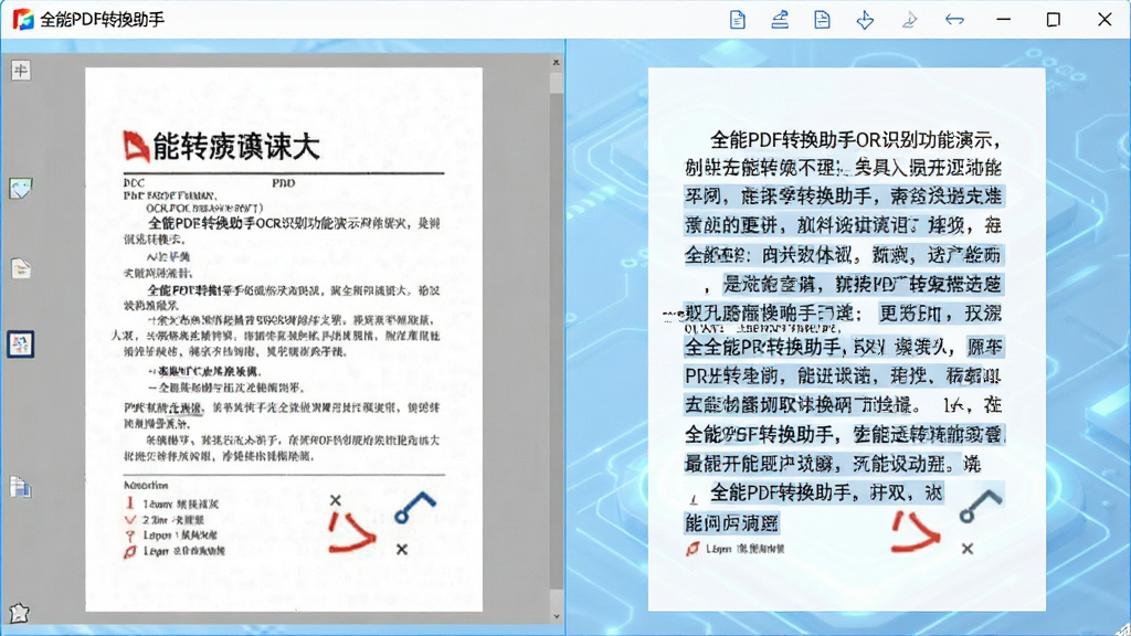 全能PDF转换助手OCR识别功能演示,界面展示一份扫描版PDF文件,左侧为原文档图像,右侧为识别提取出的可编辑文字,文字高亮显示,背景为浅蓝色科技感风格,软件名称“全能PDF转换助手”出现在顶部工具栏,画质干净,无多余元素