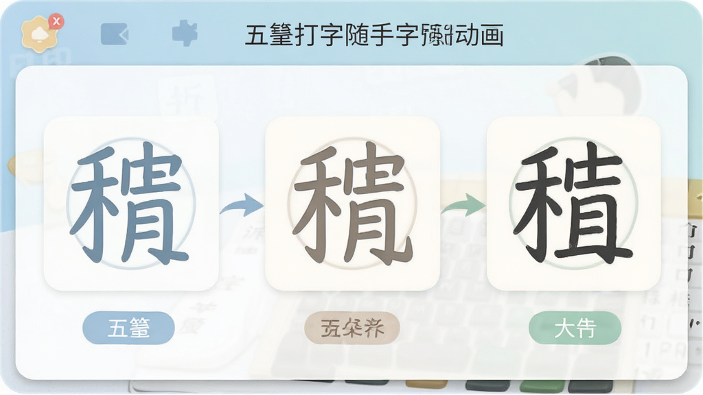 五笔打字随手练字根拆解动画界面,汉字拆分过程逐步展示,色彩柔和,布局合理,风格教育向,画质高清,干净清爽。