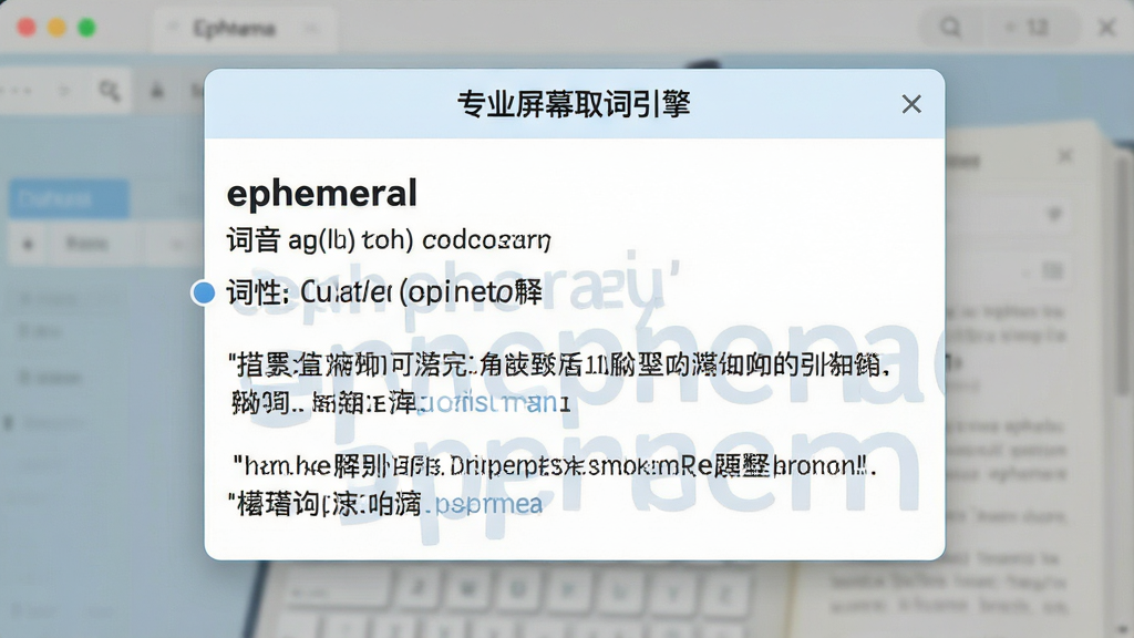 一张屏幕截图风格的图片,主体是“专业屏幕取词引擎”的划词翻译浮窗界面,浮窗内展示着英文单词“ephemeral”的详细释义,包括音标、词性、中文解释和两个双语例句。布局清晰,排版工整,风格扁平化,色彩以白色和淡蓝色为主,画质高清,界面干净无多余元素。