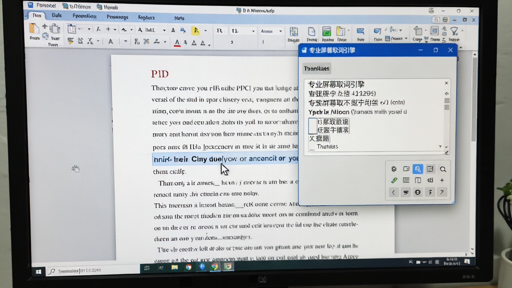 一张电脑屏幕的实拍图,屏幕上同时打开了一个英文PDF文档和“专业屏幕取词引擎”的翻译浮窗,浮窗内显示着翻译结果。鼠标指针停留在文档中的单词上,旁边是软件的悬浮工具栏。画面明亮清晰,展示了软件在文档阅读场景下的实际应用效果,构图工整。