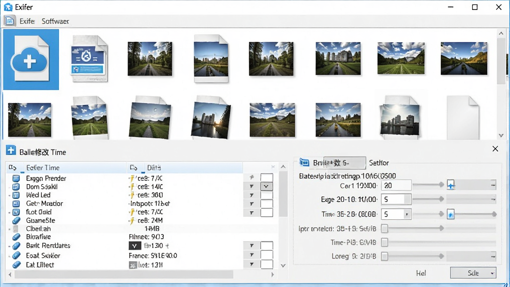 主体为Exifer软件批量处理界面,界面上方显示多个图片文件缩略图,下方有批量修改时间的设置窗口,布局整齐,采用蓝色调图标,风格简洁明了,细节展示文件列表和时间调整选项,画质高清,无多余元素
