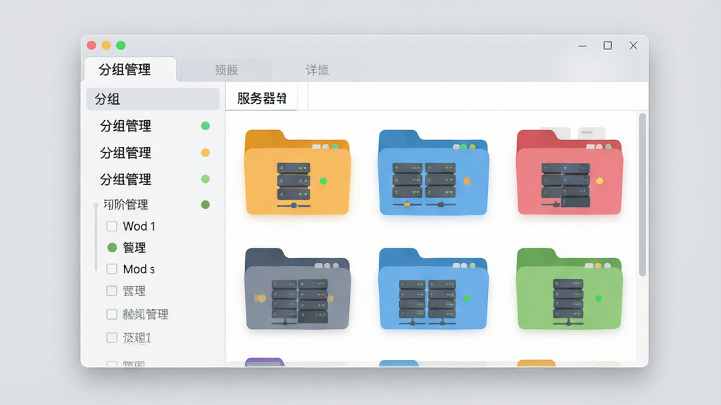 主体为一个半透明的窗口界面,顶部标签页显示“分组管理”字样,下方有多个彩色文件夹图标,每个文件夹内包含几个服务器条目。布局为左右结构,左侧分组列表,右侧服务器详情。背景为浅灰色桌面,排版整洁,采用扁平化风格,细节包括每个条目上的小型状态圆点,画质高清,干净无多余元素。