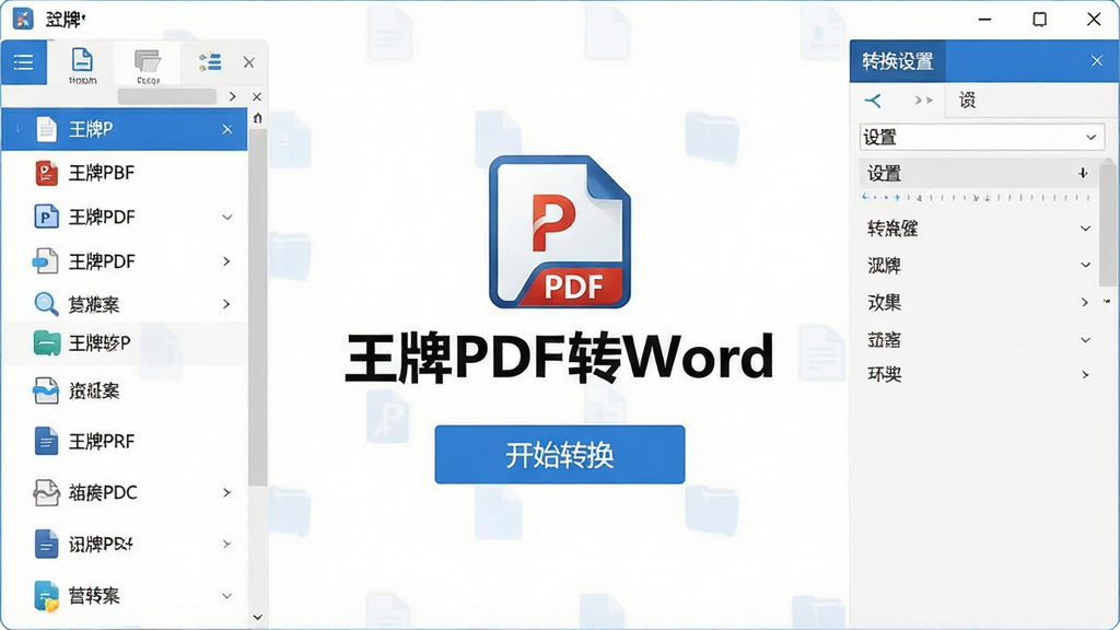 一张展示王牌PDF转Word软件主界面的高清图片,界面以白色和蓝色为主色调,左侧为文件列表,右侧为转换设置面板,中央有显眼的“王牌PDF转Word”logo和“开始转换”按钮,整体风格现代简洁,图标清晰,画质干净无多余元素。