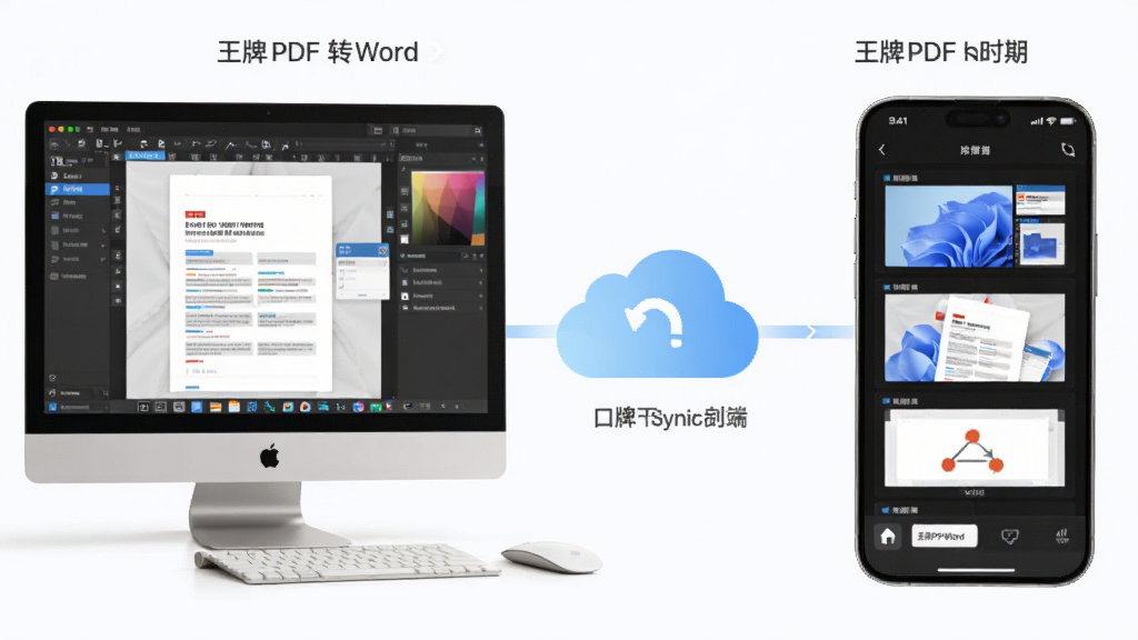 一张展示王牌PDF转Word在电脑和手机端使用的对比图,左侧为电脑界面,右侧为手机界面,中间通过云同步示意,整体风格简约明亮,突出软件跨平台使用特点,画质干净,无多余元素。