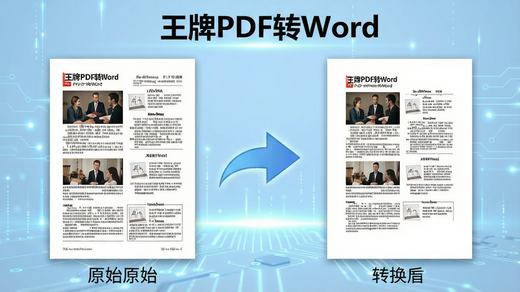 一张王牌PDF转Word转换过程的对比示意图,左侧为原始PDF文件展示复杂图文排版,右侧为转换后的Word文档,显示内容完全一致,中间有箭头连接,背景为淡蓝色科技感光效,画面干净清晰,突出软件名称“王牌PDF转Word”。