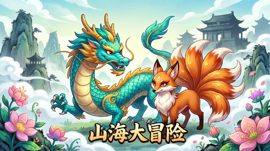 画面中央一只威风凛凛的青龙与一只灵动的九尾狐并立,四周漂浮着云雾缭绕的山峦与奇花异草,远处有古代宫殿剪影。整体布局以角色与异兽为主体,背景层次分明。排版采用横向构图,主次分明。风格为国风水墨与明亮卡通结合,色彩清新明快。细节刻画鳞片、毛发与花瓣纹理。画质高清细腻,干净无多余元素。画面中配以游戏标题文字“山海大冒险”。