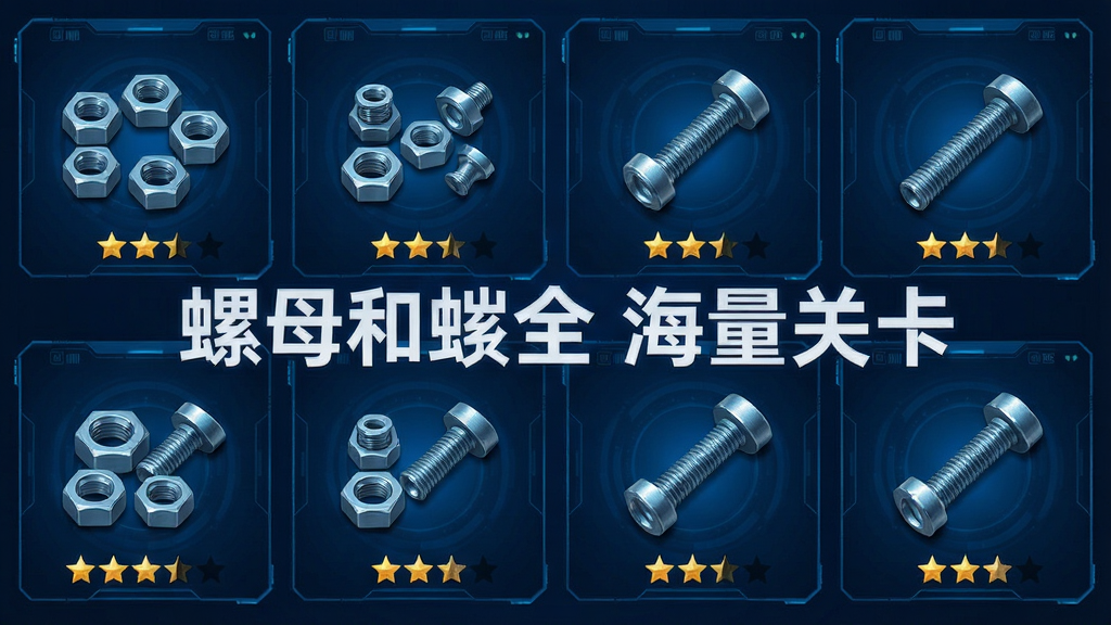 画面展示多个不同难度等级的关卡缩略图,排列成网格状,每个缩略图上有不同的螺母和螺栓组合,背景是深蓝色科技感界面,布局规整,排版清晰,风格现代,细节展示关卡完成度星级,画质高清干净,无多余元素,文字标注为“螺母和螺栓 海量关卡”