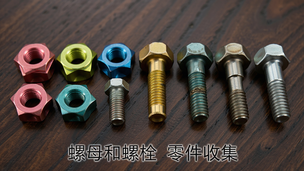 展示一排五颜六色、形状各异的螺母和螺栓,排列在深色木质桌面上,布局整齐,排版横向排列,风格写实,细节表现不同零件的材质差异,画质高清干净,无多余元素,文字标注为“螺母和螺栓 零件收集”