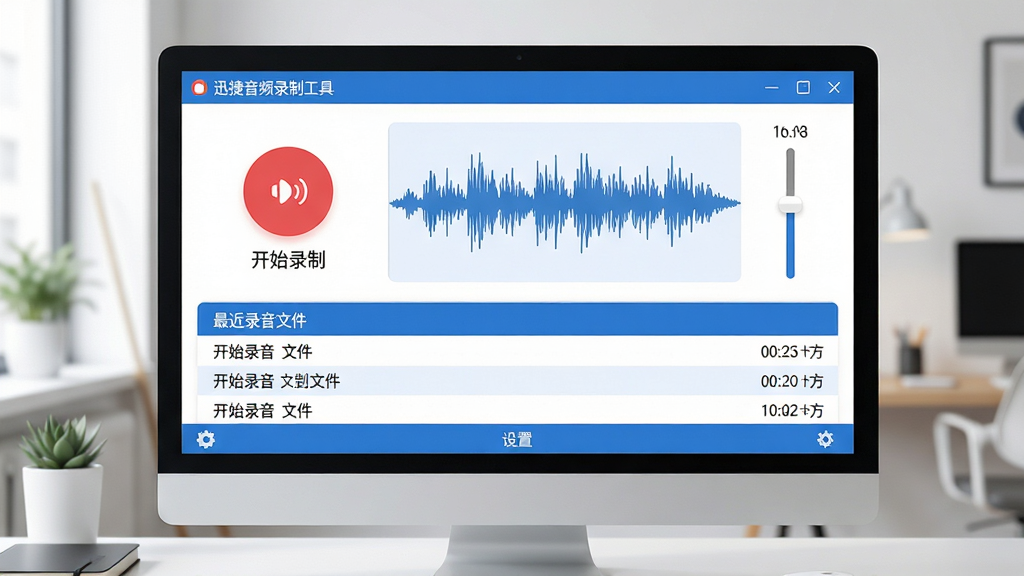 主体:迅捷音频录制工具软件主界面,展示简洁的录音控制面板,背景为现代办公桌场景,电脑屏幕显示波形图。布局:界面居中,左侧有“开始录制”按钮,右侧显示音量调节滑块,下方列出最近录音文件列表。排版:清晰大图标,文字标签简洁,整体留白充足。风格:扁平化设计,蓝白主色调,科技感。细节:录音按钮红色圆角,文件列表带时长和大小标注,界面底部有“设置”齿轮图标。画质:高清渲染,干净无多余元素。