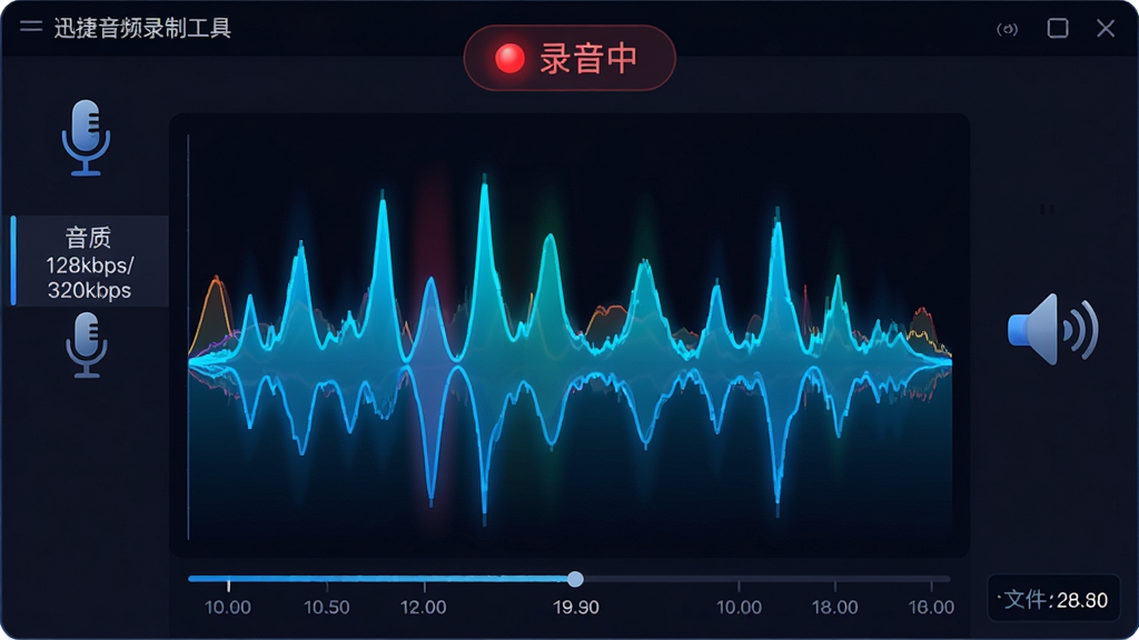 主体:迅捷音频录制工具的录音波形界面,中央显示彩色频谱图,周围环绕音频设备图标。布局:波形图占据画面三分之二,左侧有麦克风图标,右侧有扬声器图标,顶部有“录音中”红色指示灯。排版:波形图平滑流畅,底部时间轴清晰,侧边栏有音质选项(128kbps/256kbps/320kbps)。风格:深色背景搭配亮蓝波形,科技感十足。细节:波形图有动态起伏感,右下角显示文件大小预估,整体饱和度高。画质:高清细腻,干净无冗余。