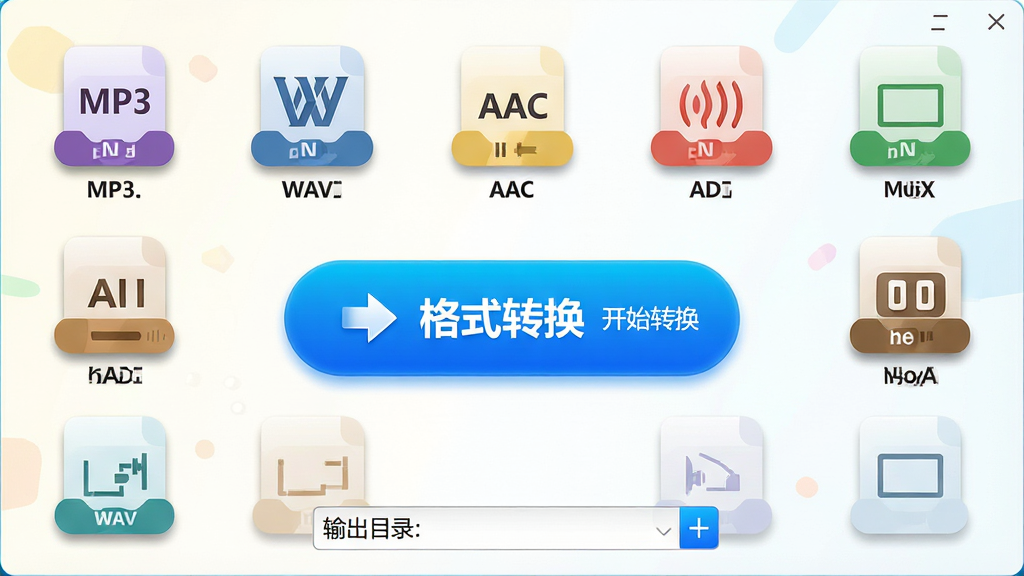 主体:迅捷音频录制工具的格式转换界面,显示多种音频格式图标(MP3、WAV、AAC等)环绕一个转换按钮。布局:中心为“格式转换”按钮,周围排布不同格式图标,每个图标下方标注格式名称,底部有输出目录选择框。排版:图标整齐排列,颜色鲜艳,按钮突出蓝色渐变。风格:明亮背景,扁平化图标,简洁直观。细节:每个格式图标有微小阴影,转换按钮带箭头符号,右侧有“开始转换”文字。画质:清晰明亮,干净无多余元素。