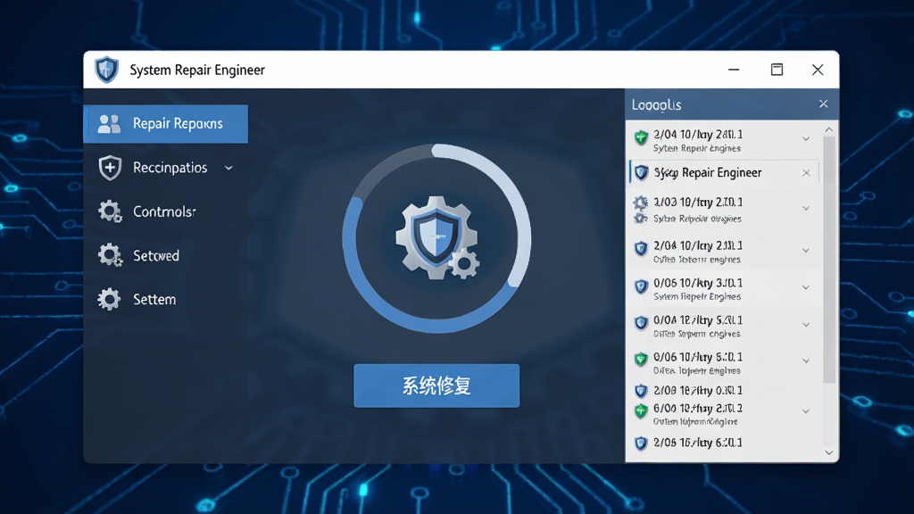 主体:System Repair Engineer软件主界面悬浮在深蓝色科技背景上,布局:中间显示扫描进度环和“系统修复”按钮,排版:左侧功能导航栏,右侧详细日志列表,风格:扁平化设计,细节:图标带有盾牌和齿轮元素,画质:高清渲染,干净,无多余元素
