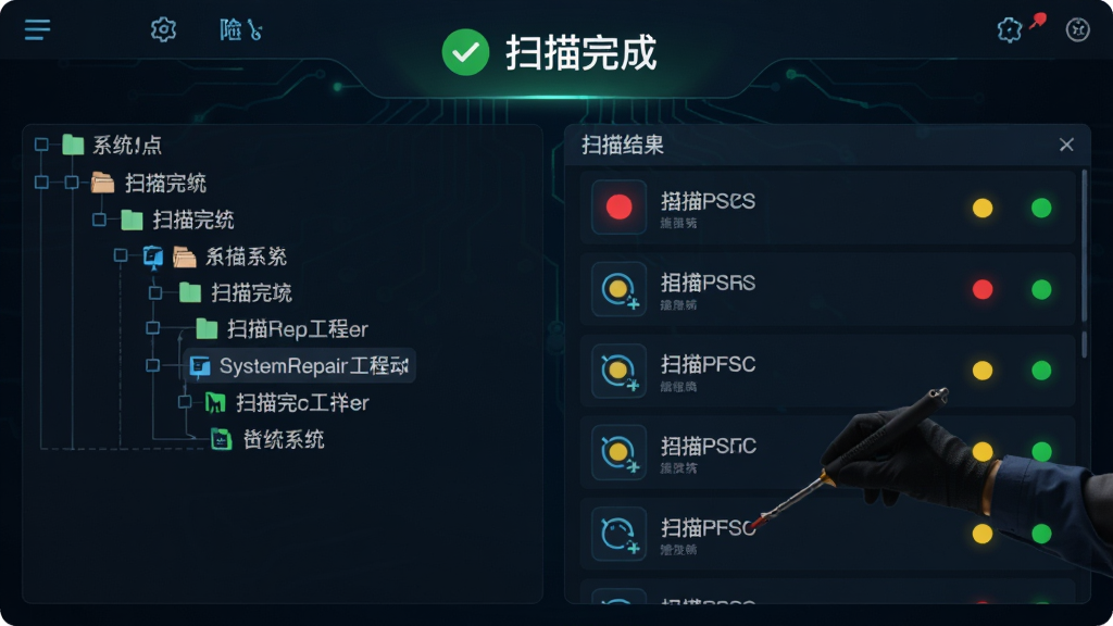 主体:System Repair Engineer正在扫描系统,布局:左侧为系统树状图,右侧为扫描结果列表,排版:顶部显示“扫描完成”绿色对勾,风格:科技感UI,细节:扫描项图标带有红黄绿状态灯,画质:高清,干净,无多余元素