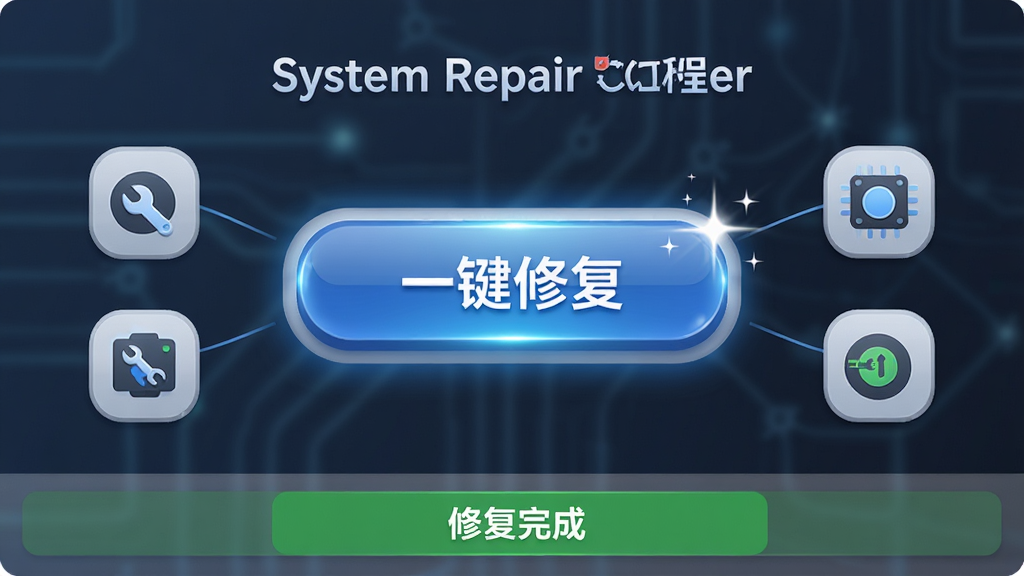 主体:System Repair Engineer一键修复按钮高亮,布局:中央大按钮,周围环绕系统组件图标,排版:底部显示“修复完成”状态栏,风格:简洁商务风,细节:按钮带有闪光效果,画质:高清,干净,无多余元素