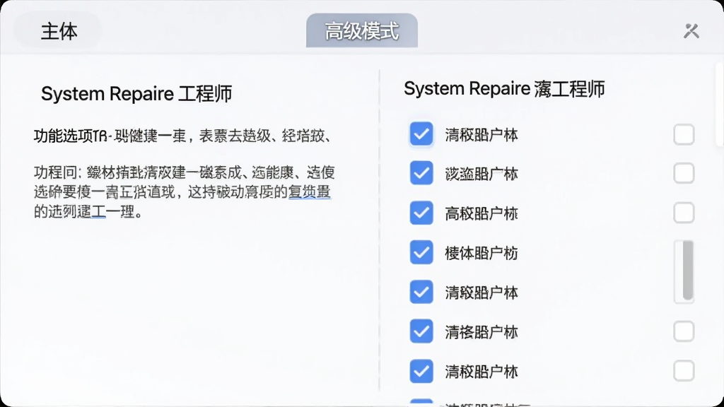 主体:System Repair Engineer自定义选项面板,布局:右侧为复选框列表,左侧为功能说明文字,排版:顶部有“高级模式”标签,风格:浅色简洁风,细节:复选框带有蓝色勾选状态,画质:高清,干净,无多余元素