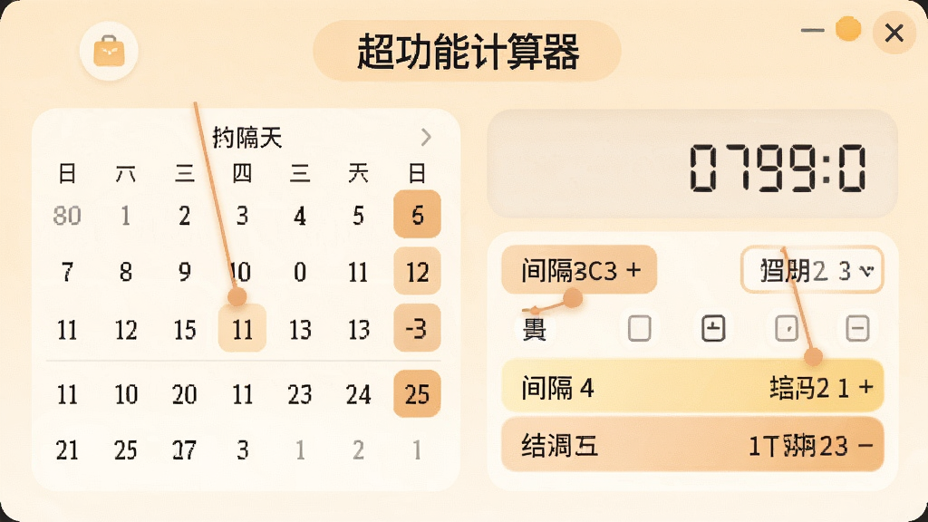 一张软件界面预览,主体是“超功能计算器”的日期计算功能,布局有日历控件和结果高亮显示,排版温馨,风格柔和,细节标注了间隔天数和星期,画质清晰,无多余元素
