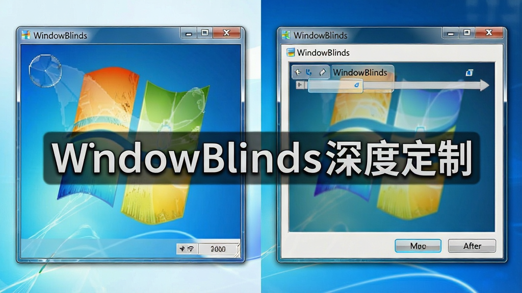 一张展示WindowBlinds软件深度定制Windows系统界面的对比图,左侧是默认的Windows窗口样式,右侧是应用了WindowBlinds主题后的窗口样式,两者并排展示,突出窗口边框、标题栏、按钮等元素的变化。布局清晰,风格为对比展示,细节上强调玻璃质感与阴影效果,画质高清,图片中文字标注“WindowBlinds深度定制”字样。