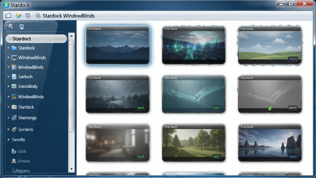 一幅展示Stardock WindowBlinds软件界面的高清截图,主体是软件主窗口,左侧为分类导航栏,右侧展示多款不同风格的主题预览缩略图,布局清晰。整体风格为现代简约,界面配色以深蓝色和白色为主,细节上突出玻璃拟态和圆角设计,画质清晰干净,无多余元素,图片中文字标注“Stardock WindowBlinds”字样。