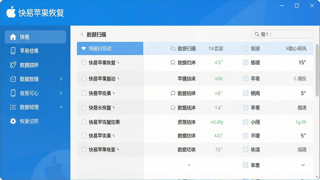 一张展示快易苹果恢复软件主界面的高清截图,界面左侧为功能导航栏,右侧为数据扫描结果展示区,整体风格简洁明亮,主色调为蓝色和白色,软件名称“快易苹果恢复”清晰显示在界面顶部,画面干净无多余元素,画质清晰。
