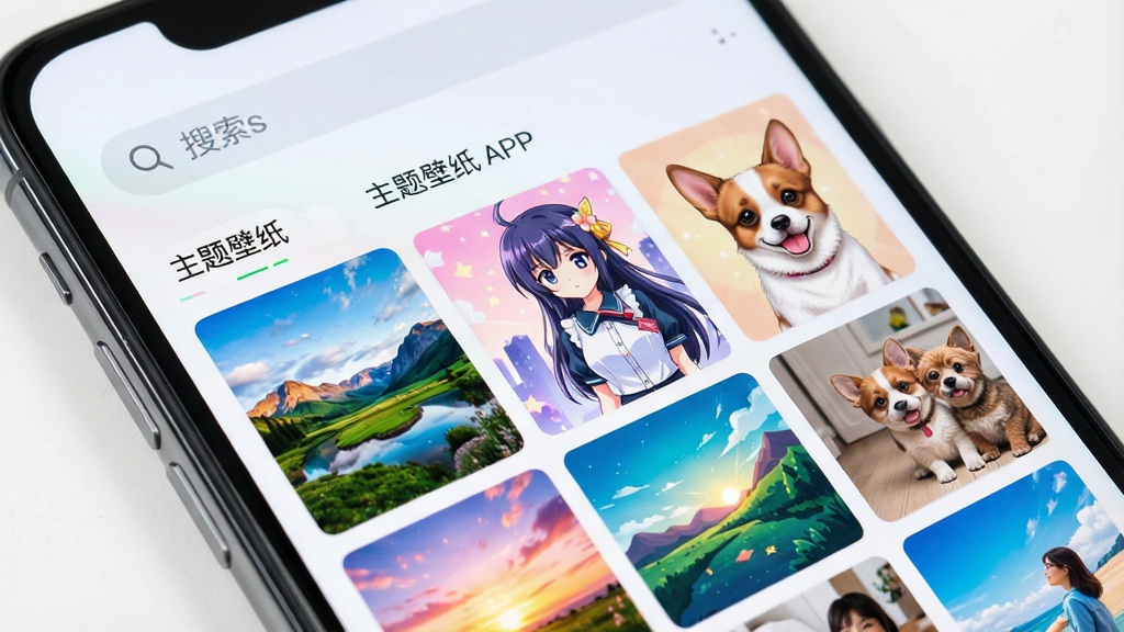 一张智能手机屏幕特写,屏幕上显示主题壁纸APP的首页界面,界面布局清晰,顶部有搜索栏,下方是各类壁纸缩略图瀑布流,包含风景、动漫、萌宠等分类标签,整体风格清新明亮,色彩丰富,画质细腻,干净无多余元素,突出“主题壁纸”品牌名称。