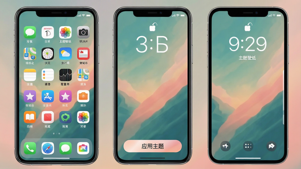 主题壁纸APP的主题预览界面,手机模型展示一套完整的主题效果,包括桌面图标、壁纸、锁屏样式,图标风格统一为圆角扁平化,色彩与壁纸背景协调,界面下方有“应用主题”按钮,整体视觉效果时尚,画质细腻,干净无多余元素,带有“主题壁纸”品牌标识。